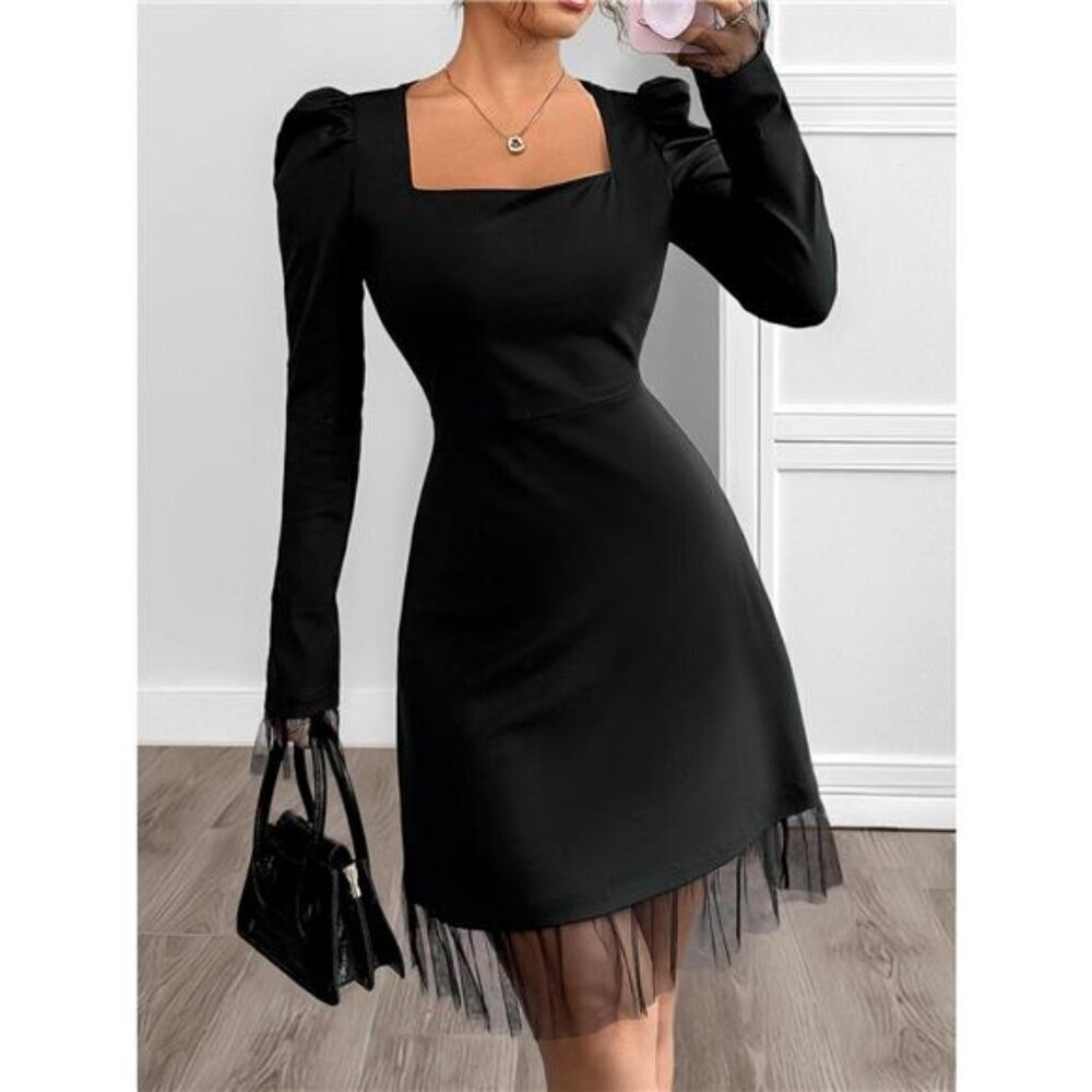 Square Neck Puff Sleeve Mesh Hem Dress